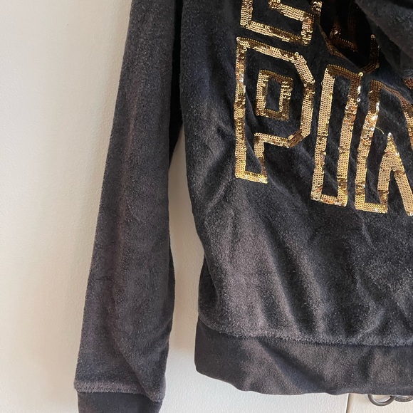 PINK Victoria’s Secret Gold Sequin Bling Black Velour Zip-Up - Picture 7 of 11